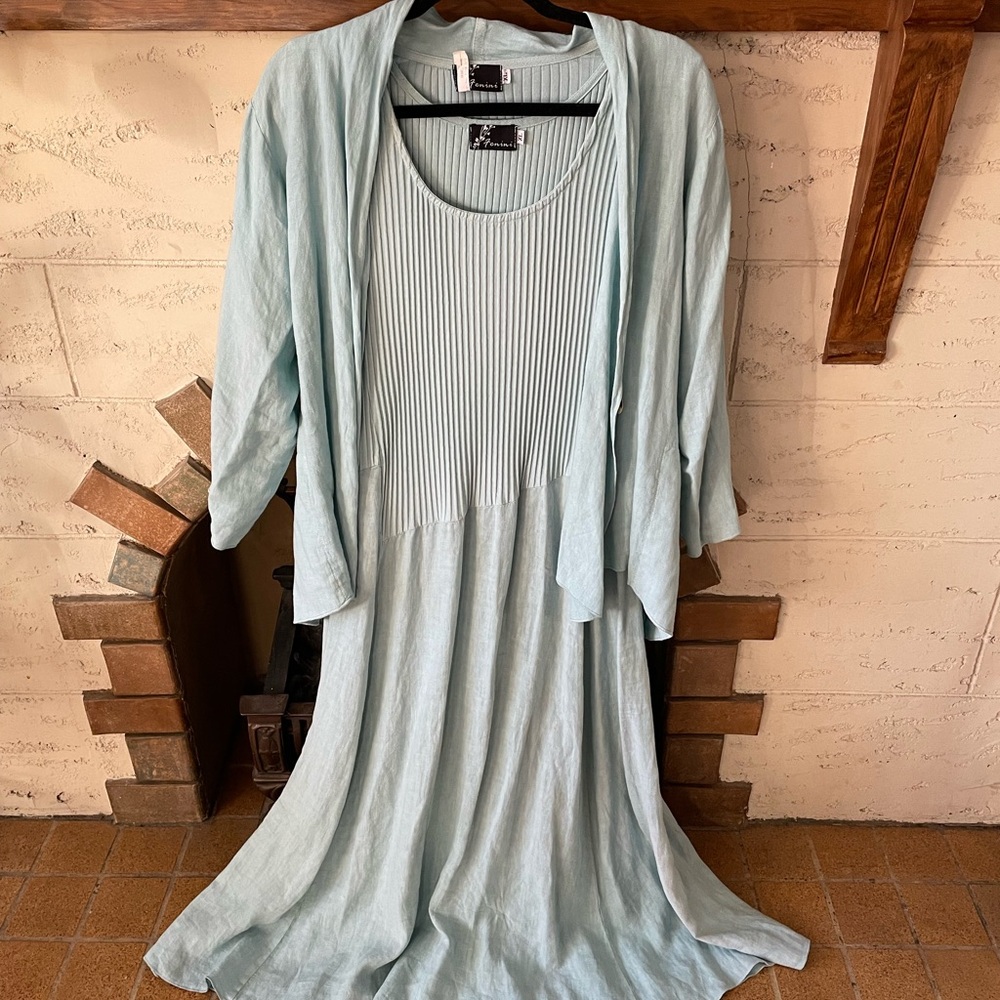 Fenini Light Blue Linen Dress and Jacket Set